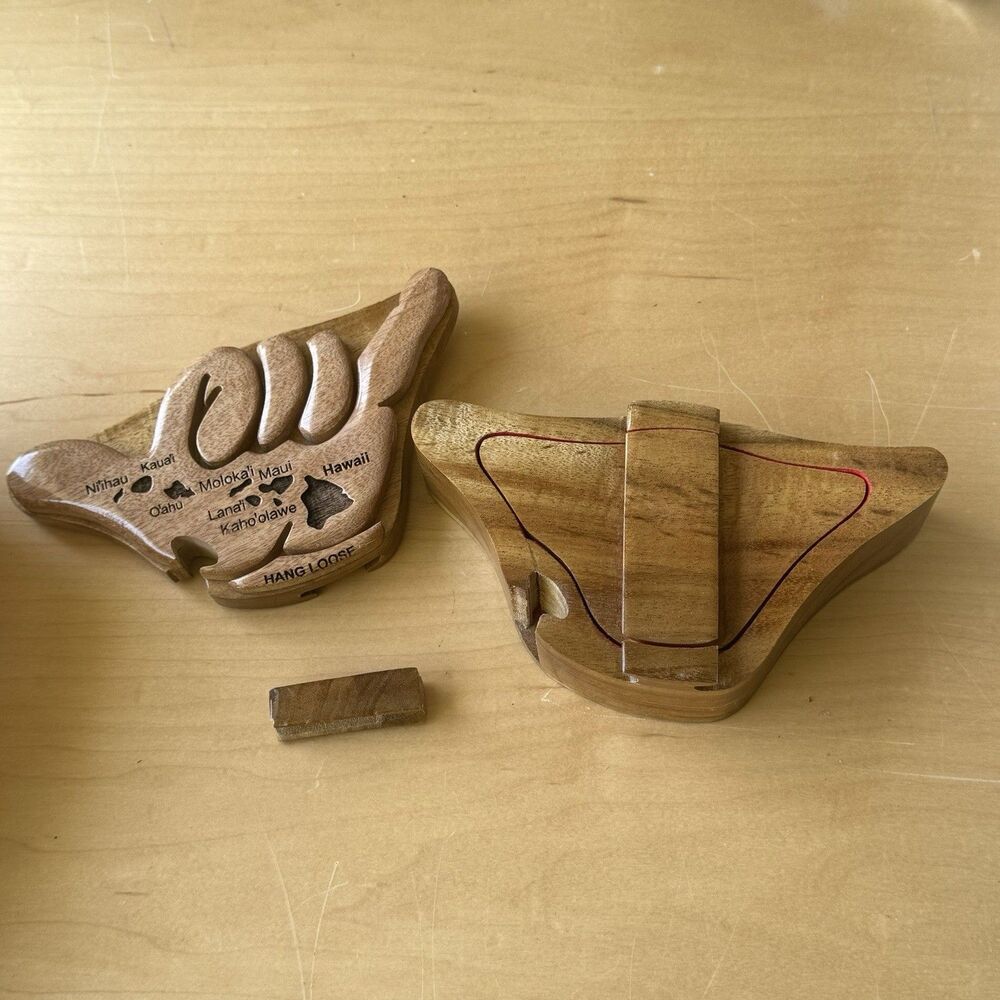 VTG Carved Wood Hawaii Hang Loose Hand Puzzle Box W Carved Islands Trinket Box - Picture 8 of 15
